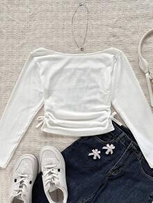 青少年女孩 T 恤休闲红色女孩只想玩得开心比口号白色露肩领文字印花短腰聚拢短袖紧身裤，春夏季，基本款，日常，百搭，运动时尚夏季上衣，返校季，校服