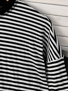 INAWLY 女士休闲条纹圆领落肩长袖T恤，简约时尚 - 黑與白 - 查看 4