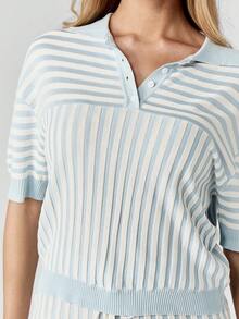 MISSGUIDED 女士条纹 Polo 衫针织短袖夏季休闲领口罗纹上衣 - 藍白色 - 查看 5