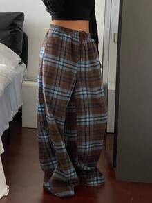 Livesso Women's Plaid Casual Wide Leg Drawstring Loose Pants, Autumn - Brown - View 1