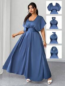 Elenzga 大码女式 A 字形 V 领露背及地缎面伴娘礼服，百搭百搭 - 霧霾藍 - 查看 1