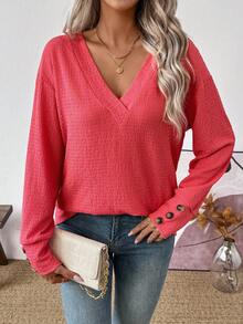 SHEIN LUNE 女式休闲纯色V领长袖上衣 - 紅色 - 查看 4