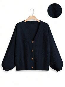 SHEIN LUNE 大码女式纯色 V 领单排扣长袖休闲通勤百搭开衫，酒红色，秋冬 - 寶藍色 - 查看 5