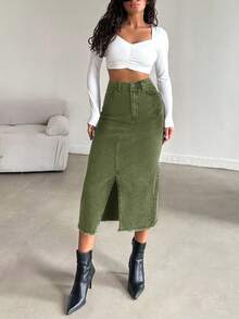 EURMUSE Women's Casual Washed Denim Slit Skirt - Army Green - View 3