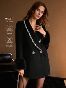 MOTF PREMIUM WOOL RHINESTONE TRIM OVERCOAT - Black - View 1