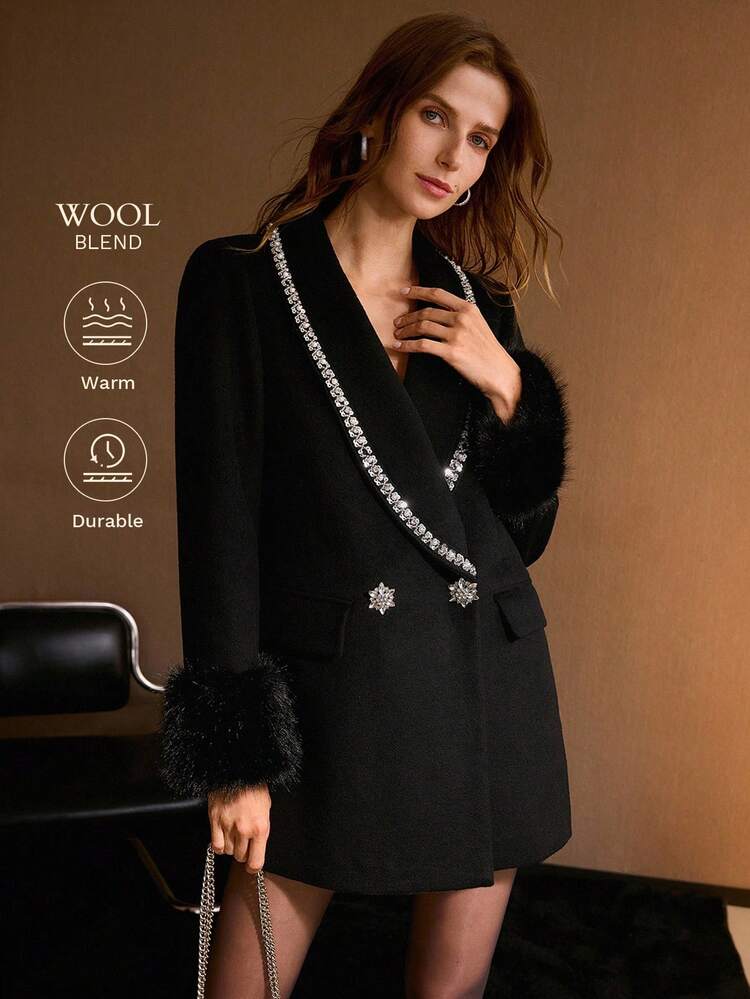 WOOL RHINESTONE TRIM OVERCOAT