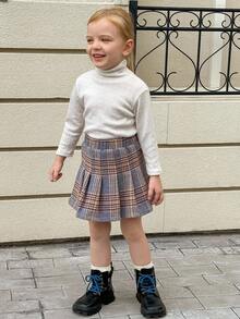 Playful Pals 女孩休闲可爱格子褶皱 A 字裙，适合秋冬季、学校、返校季、日常穿着 - 藍色 - 查看 7