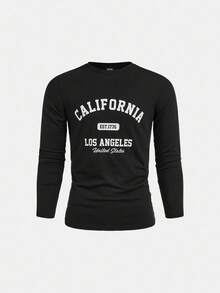 SHEIN 3件套青少年男童学院风字母印花长袖T恤，休闲舒适，时尚百搭，面料柔软，适合日常穿着、上学、郊游、户外活动、秋冬季节，返校季男童时尚长袖上衣，纽约童装衬衫