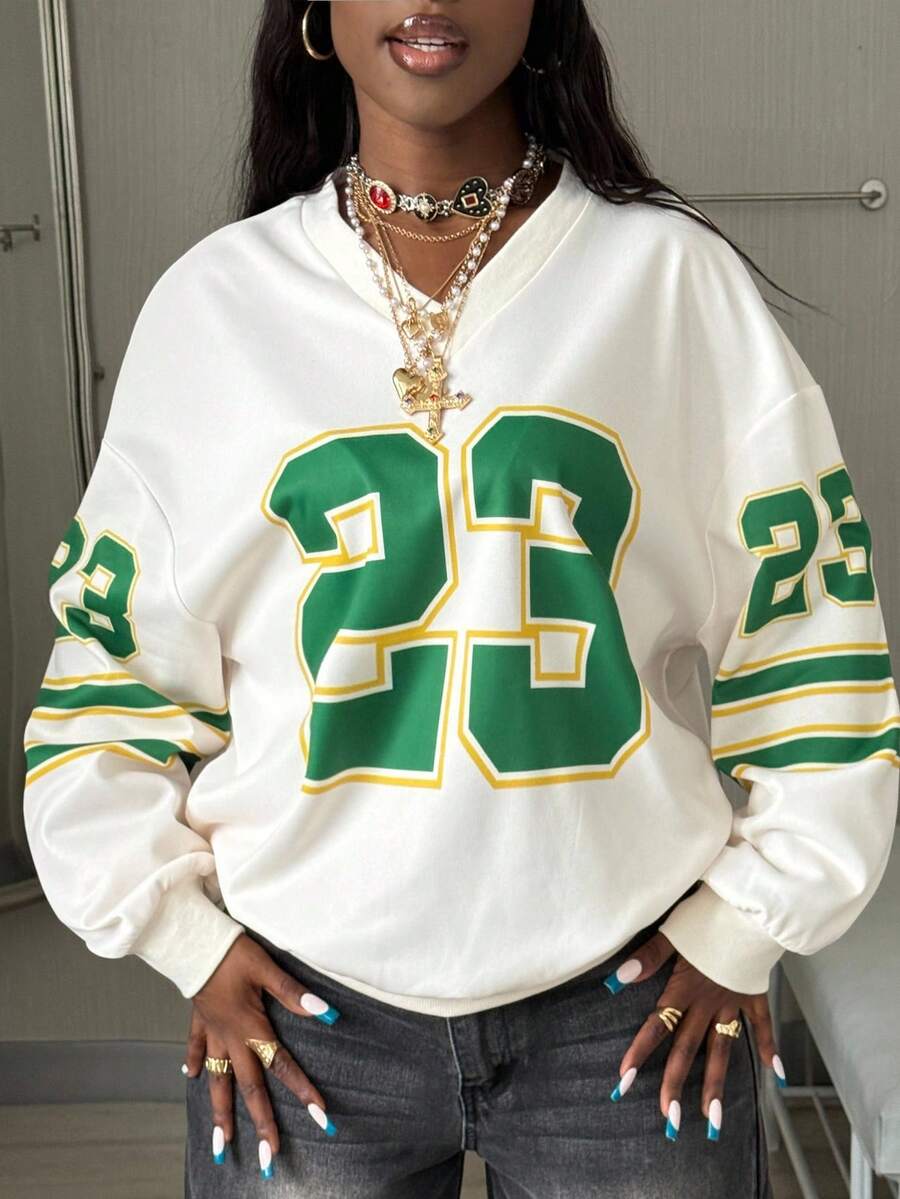 Coolane Women's Fall/Winter Cool Girl Streetwear Going Out Sport Number Pattern Graphics Comfortable Beige Long Sleeve Jersey Sweatshirt