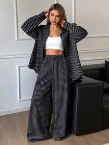 Livesso Bộ 2 món áo len cardigan kẻ sọc công sở rộng rãi, thoải mái cho nữ và quần ống rộng, phù hợp cho mùa thu đông - màu đen - Xem 6