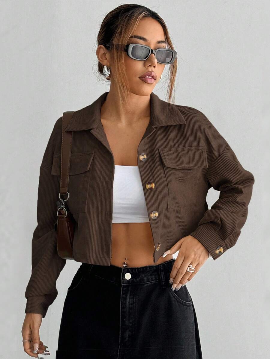 Flirla Petite Áo khoác lửng trơn màu thường ngày cho nữ, mùa thu - Cà phê nâu - Xem 1