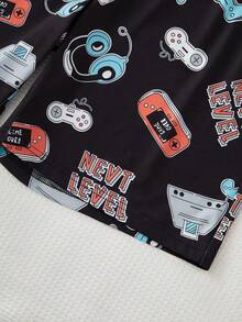 2 Stücke Herrenshirt mit einfachem grafischem Buchstabenaufdruck und Gaming-Themen-Shorts Set, lässiger Freizeitanzug - Schwarz - Übersicht 6