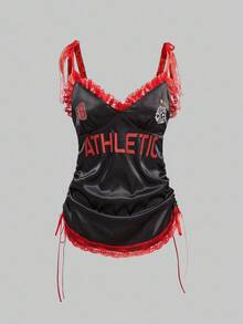 ROMWE Avant Avant Y2K 撞色蕾丝抽绳褶饰女式吊带背心 - 黑色 - 查看 1