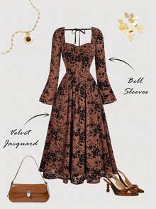 SHEIN MOD Women's Brown Floral Sweetheart Neck Ruffle Flare Sleeve Elegant Dress,Victorian Vintage Autumn Tea Party Dress,Halloween Clothes Witch Outfit - Brown - View 2