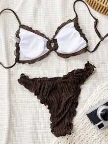 Swim Vcay Einfarbiges Jacquard-Stoff Bikini-Set mit süßem Rüschensaum und Trägern für Damen, ideal für den Strand - Kaffeebraun - Übersicht 2