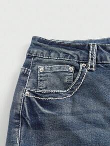 ROMWE Grunge Punk Spring/Summer Plus Size Wing Embroidery & Rhinestone Decor Flare Jeans - Multicolor - View 4
