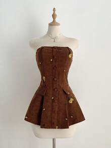 Elamini Bộ 2 món áo khoác nhung kẻ thêu hoa và váy ngắn, thanh lịch khi đi làm - màu nâu - Xem 6