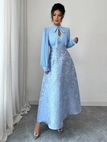 Elenzga Váy dài tay dáng chữ A xếp ly eo thanh lịch mới thu/đông 2025 dành cho nữ - Màu xanh nhạt - Xem 7