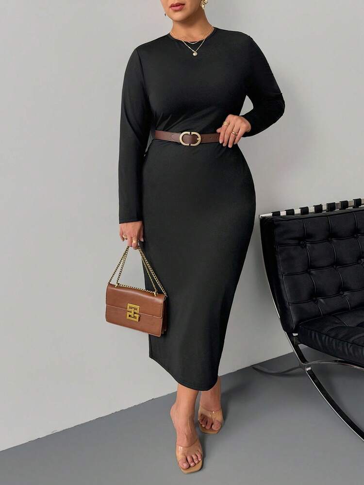 SHEIN PETITE CURVE 大码纯色腰部褶皱黑色长袖连衣裙 - 黑色 - 查看 8