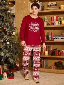 CoupledUp Conjunto de pijama de hombre con estampado de elementos navideños, pantalón y sudadera de manga larga, ropa de otoño e invierno - Burdeos - Ver 2