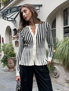 Chiquease Cardigan rayé à manches longues élégant de style français pour femmes, automne - Nude - Voir 5