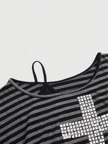 ROMWE J-Fashion 女式复古朋克亚文化斜肩宽松版型黑灰色十字图案装饰复古条纹基本款 T 恤 - 彩色 - 查看 3