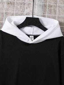 SHEIN Tween Boy Casual Sports Loose Fit Korean Style Contrast Color Hooded Sweatshirt, Suitable For Commuting, School, Daily Casual Wear, Sports, Autumn/Winter Season, Kids Clothes, Tween Boy Clothes, School Clothes, Kids Sweatshirt Black And White, Tween Boys Sweatshirt Fall - Black - View 6