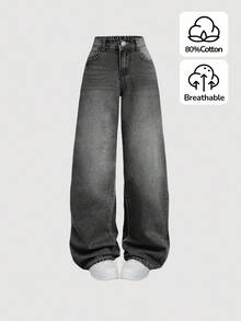 SHEIN Girlism 少女 Y2K 宽松休闲牛仔裤，带口袋和宽腿，少女暑假服装牛仔裤套装。 - 黑色 - 查看 1