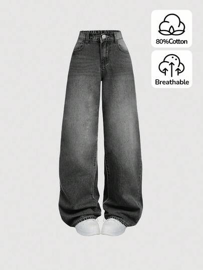 SHEIN Girlism Tonårsflickor Y2K lös passform, casual jeans med fickor och vida ben, tonårsflickors sommarlovskläder, denimjeans.