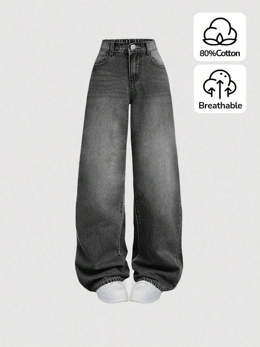 SHEIN Girlism 少女 Y2K 宽松休闲牛仔裤，带口袋和宽腿，少女暑假服装牛仔裤套装。 - 黑色 - 查看 1