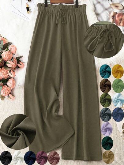 EURMUSE Plus Size Solid Color Casual Tie-Up Pants