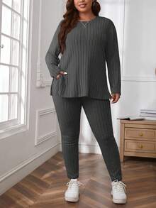 SHEIN Cottnline Plus Size Comfortable Knit Ribbed 2 Pieces Set - Dark Grey - View 4
