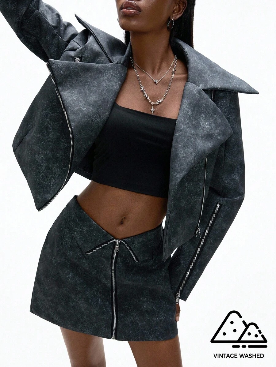 Aveloria Affinna Y2K Women 2 Pieces Set: Distressed Vintage PU Leather Cropped Jacket With Zipper Design & Low-Waist Mini Skirt, & Versatile
