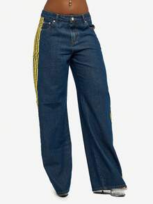 SUMWON WOMEN Linen Cotton Wide Leg High Rise Tape Stripe Detail Vintage Style Denim Jeans For Festival Streetwear Casual Outfits