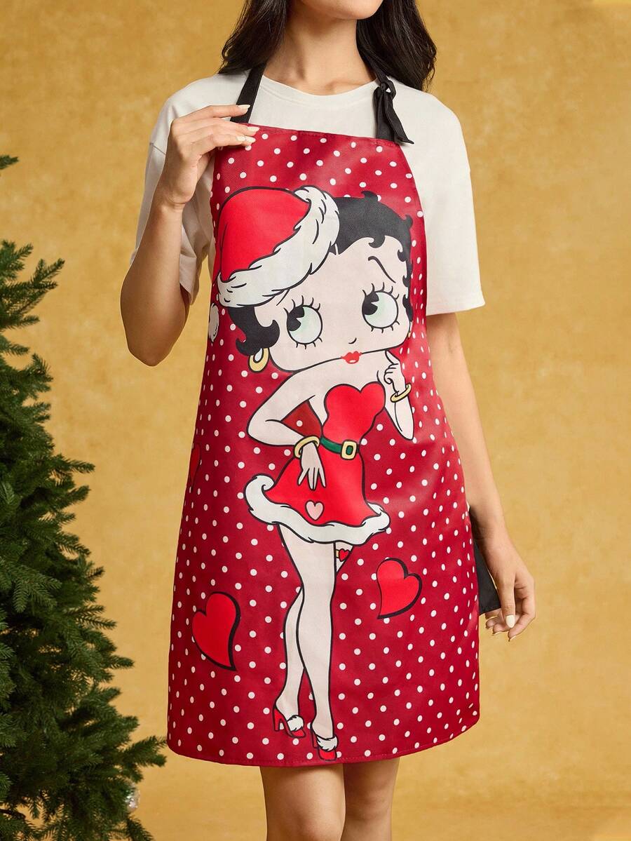 Betty Boop x SHEIN 1 pieza Delantal para adultos con estampado de lunares y figuras de dibujos animados, de material impermeable y resistente al aceite, cómodo y suave, esencial para la cocina y la repostería, adecuado para hombres y mujeres