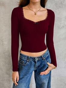 Lunelith SHEIN Lunessa Top à manches longues ajusté et court, avec décoration de nœud, volants en dentelle et patchwork, pour sortie