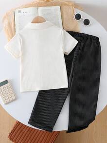 SHEIN Vintaside Kids 4-7 Years Old Boys' Spring/Autumn Shirt Set, Beige & Brown Collar Button-Up Long Sleeve Cardigan Top And Striped Long Pants Suit, Comfortable Elegant Simple Back To School Academy Outfit, All Season