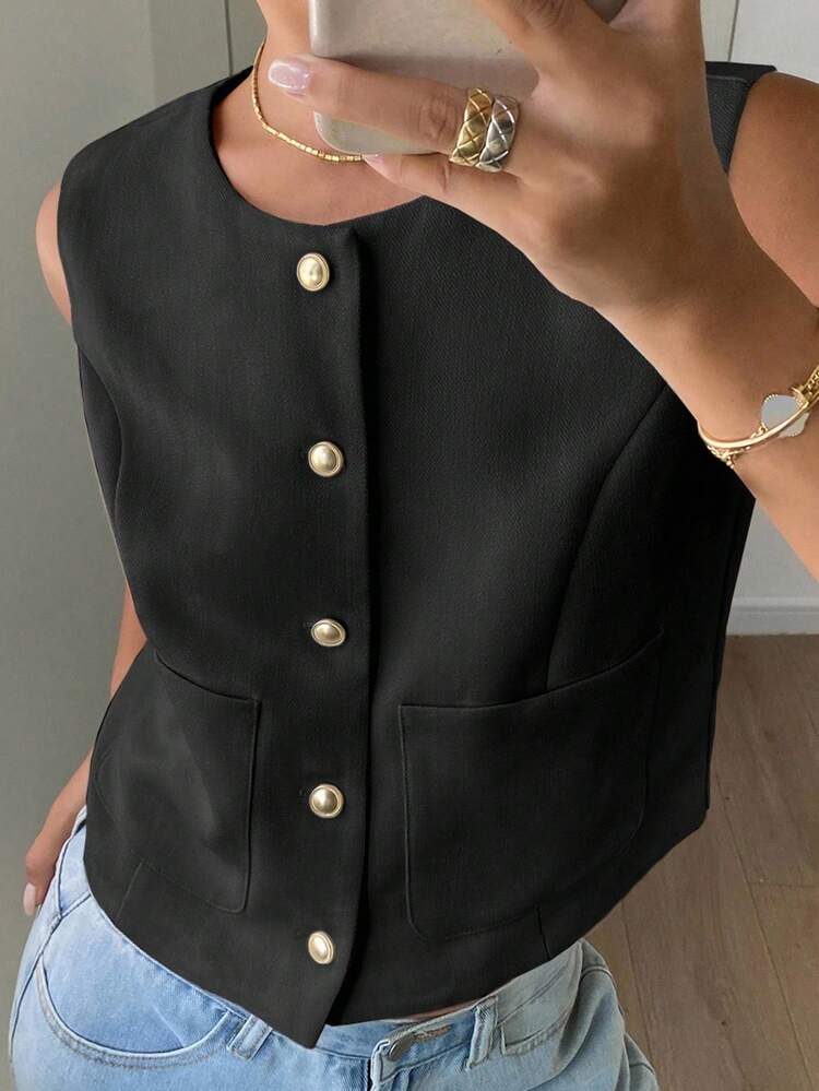 Solid Color Crew Neck Sleeveless Fitted Women Jacket,Fall Clothes