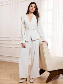 Miaspire Women's Elegant 2 Pieces Set, Includes Cinched Waist Cardigan Top And Straight Leg Pants, Apricot Color Fabric, Professional Commuter Outfit, Autumn/Winter,Women's Winter Set White Suits For Woman Two Piece Set Women Elegant S For Wedding Formal Two Piece Set,Chic Women's Set, Fall Clothes For Women,White Set New Year