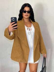 SHEIN SXY Elegant Casual Overcoat With Belt, Autumn/Winter, Brown - Khaki - View 5