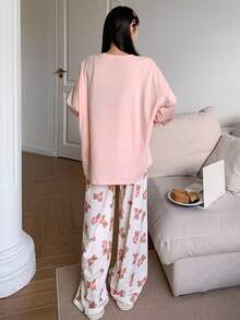 DAZY Cute Bear Print Loose Pajama Set, Fall Winter Clothes - Baby Pink - View 2