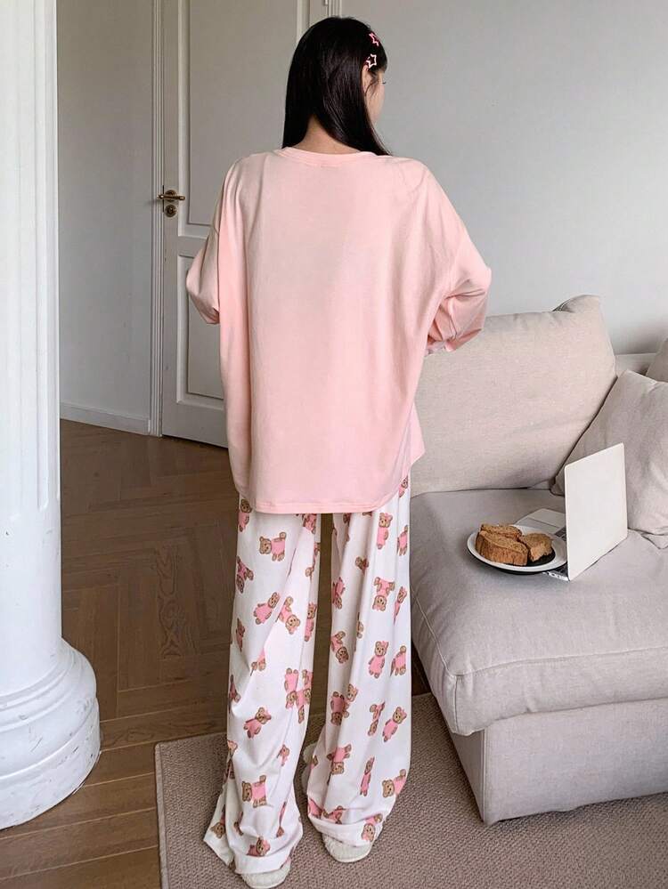 Cute Bear Print Loose Pajama Set, Fall Winter Clothes