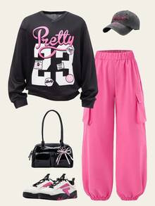 Set 2 buc. Hanorac și pantaloni cargo pentru fete preadolescente, streetwear, bluză cu mânecă lungă și pantaloni roz cu buzunar - Roz - Vizualizare 1