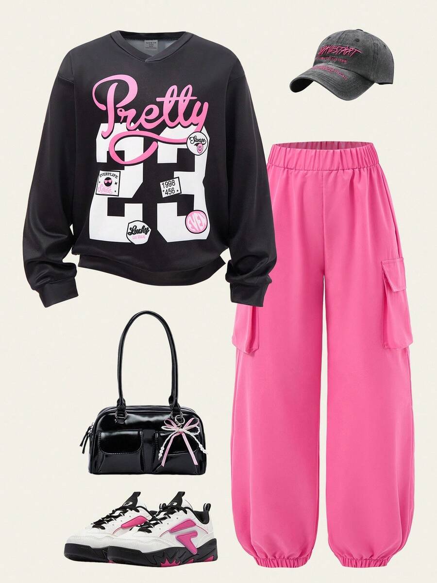 Set 2 buc. Hanorac și pantaloni cargo pentru fete preadolescente, streetwear, bluză cu mânecă lungă și pantaloni roz cu buzunar - Roz - Vizualizare 1