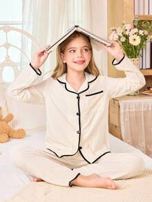 SHEIN 女童泡泡褶休闲翻领开衫睡衣套装 - 杏色 - 查看 1