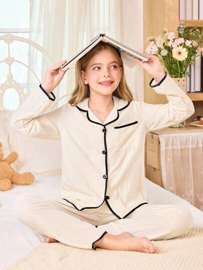SHEIN 女童泡泡褶休闲翻领开衫睡衣套装