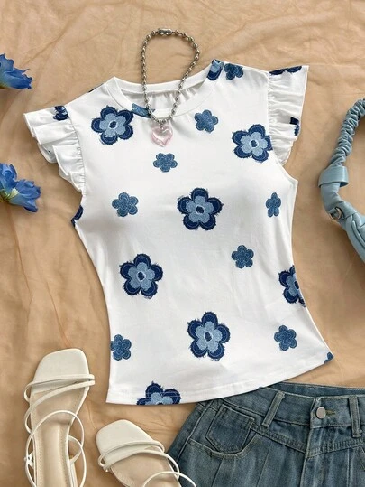 Soleia Camiseta casual de mujer con cuello redondo, mangas de volantes y estampado floral, blusas florales para mujer, blusas con mangas de volantes, para salir, blusas de manga corta lindas