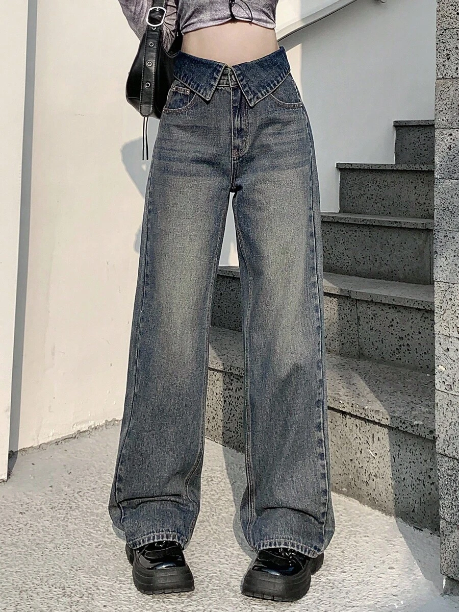 DAZY 女性高腰摺邊水洗牛仔褲 - 深色水洗藍 - 查看 1