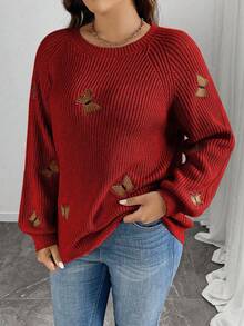 SHEIN Clasi 女士纯色针织蝴蝶结刺绣花朵长袖常规优雅套头毛衣，秋冬毛衣搭配蝴蝶结蝴蝶结毛衣优雅毛衣 - 紅色 - 查看 6