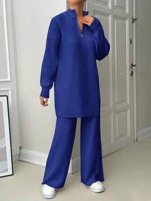 EURMUSE 2 件复古纹理针织套装：白色半拉链长袖运动衫和配套单品 - 寶藍色 - 查看 7